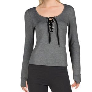 Like New BEBE SPORT GRAY ACTIVEWEAR LACE UP LONG SLEEVE WORKOUT T-SHIRT